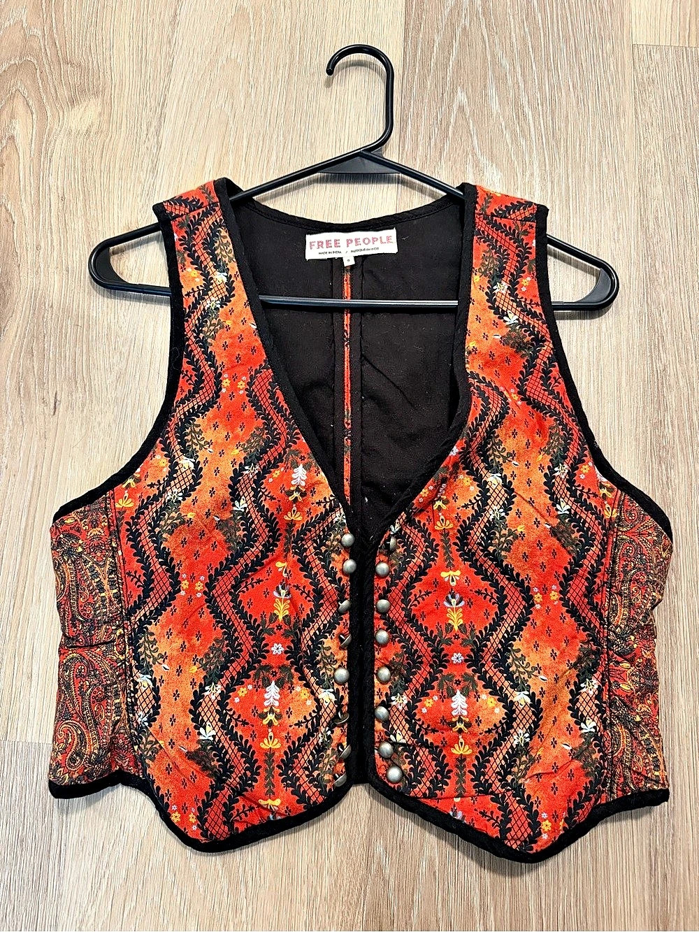 Free People Patterned Button-Front Vest in Orange & Black Size Small